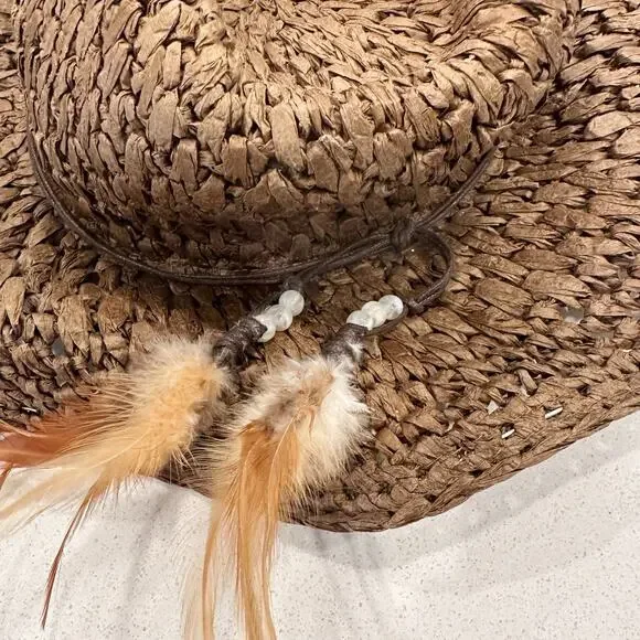 Tropical Trends Women’s Straw Hat Brown Flower Trim One Size Summer Wide Brim - Picture 3 of 8